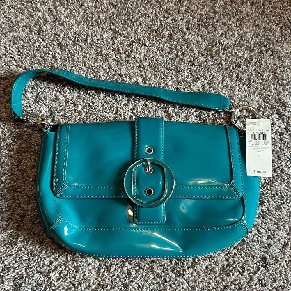 NWT Ann Taylor Y2K Teal Patent Buckled Baguette Bag